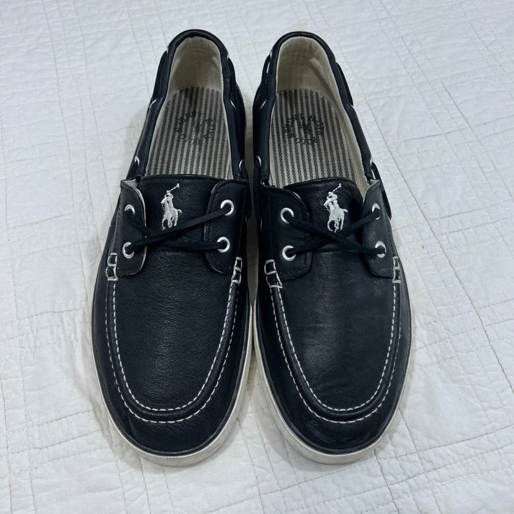 Polo Ralph Lauren Sander Mens Black Leather Boat Shoes Loafers Size 10D 00000859